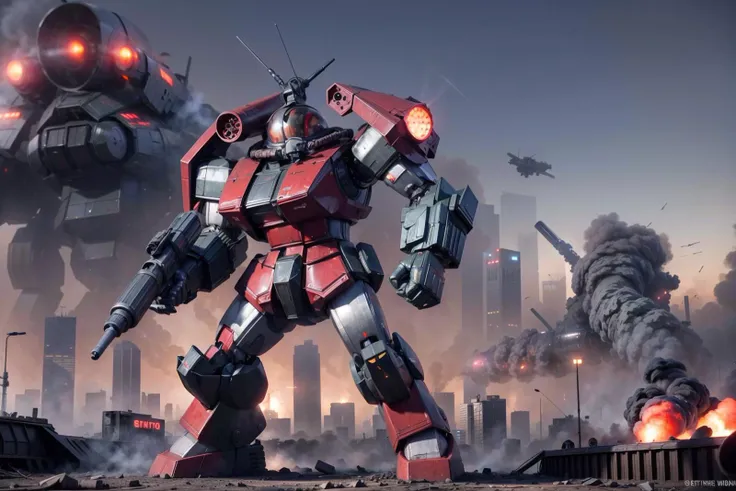 RAW photo of a  detailed  giant red and grey <lora:Robotech_ThorenGriffin:.8> robot, firing a gun in its hand at enemy soldiers off in the distance, standing next to a freeway overpass, with a burning cityscape in the background, explosions, smoke, lasers firing in the sky,  <lora:more_details:.6>