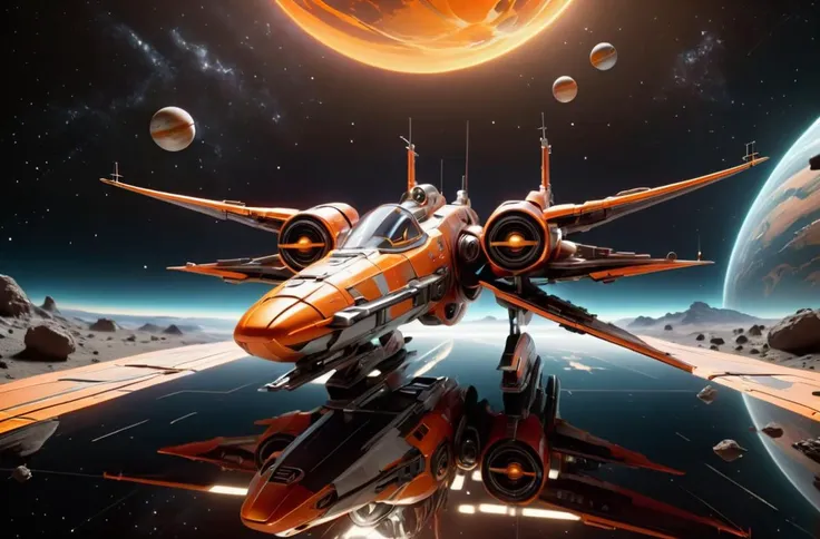 masterpiece, photorealistic highly detailed 8k photography, best cinematic quality, volumetric lighting and shadows, sharp intricate details, <lora:SpaceCraft_XL-000005:1> Compact symmetric Goldfish Orange spcrft, x-wing like, stunning space landscape background with planets and stars, Dolly zoom