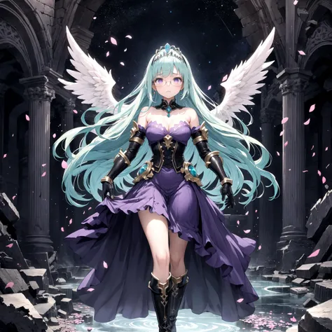high quality, highly detailed, detailed background, girl, very long hair, aqua hair, purple dress, black (corset:0.7), heavy boots, gauntlets, princess tiara, glasses, dynamic view, evil, shattered dreams, high fantasy, ancient ruins, endless river, stars, fractural rift, endless void, empty space, silver stone, flower petals, windy, corrupted angel