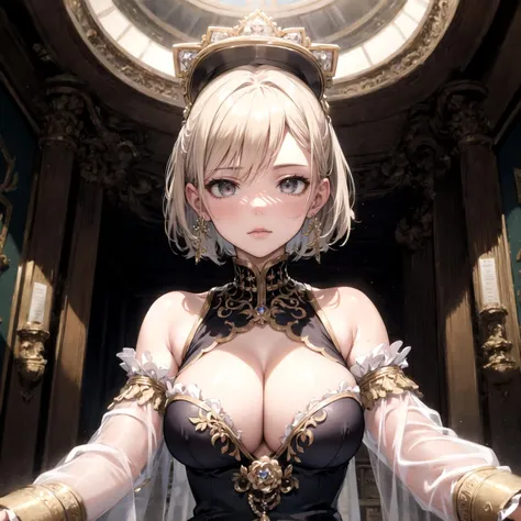 masterpiece, high quality, highly detailed, detailed background, female, detailed face, regal clothing, cleavage, bent over, looking down, looking away, eyes away, side eyes, head turn, indoors, from below, upper body, close up