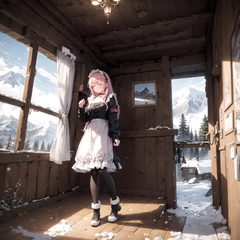 masterpiece, high quality, highly detailed, detailed background, full body, long hair, pink hair, dark (maid outfit:1.1), (winter jacket:0.9), leggings, tired, choker, indoors, cabin, window, winter mountain, low-angle view