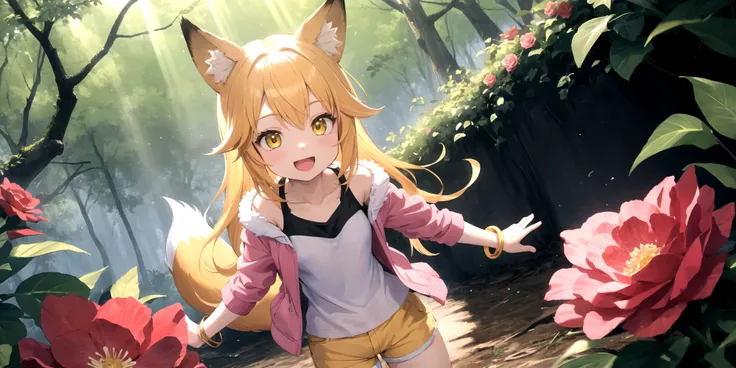 masterpiece, high quality, highly detailed, detailed background, female, , fox girl, fox ears, yellow fur, long hair, yellow hair, shirt, shorts, bracelet, pink jacket, excited, joyful, warm, summer weather, light rays, flowers, wild roses, forested, off to the side, high-angle view, wide angle shot