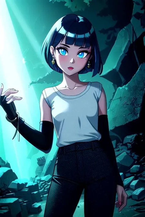 SFW, 1Girl, Adult, (cute Congolese:1.2) woman, natural small breasts, short silver buzz cut hairstyle, wearing black trousers outfit, topaz jewelry, Metallic Metal Gauntlets accents, glowing pupils, dark blue eyes, playful expression, glamorous insubstantial neon aura with ruins background, subsurface scattering, ray traced, depth of field, bokeh, god rays, vivid colors, cinematic hard lighting, realistic shadows, detailed textures, (intangible:1.1875) (kvezp:0.9375) (euphtkftuh:1.1875) (autumn:1.125) (plurz:1.125) (leqlcagzed:1.125) (temperate alpine tundra:0.8125) (qvygq:0.875) (ljarq:1.25) (mepqvmnmwq:1.25) (nwqlobukvr:0.9375) (dark tunnel:1.0625) <lora:tuna:0.4>
