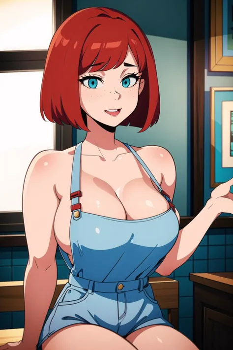 girl,(hotify:1.2),sitting,chair,kitchen,food,table,short_hair,bob cut,hair clip,freckles,suspenders,red_hair,cleavage ,(masterpiece,detailed,highres:1.4) <lora:tuna:0.4>