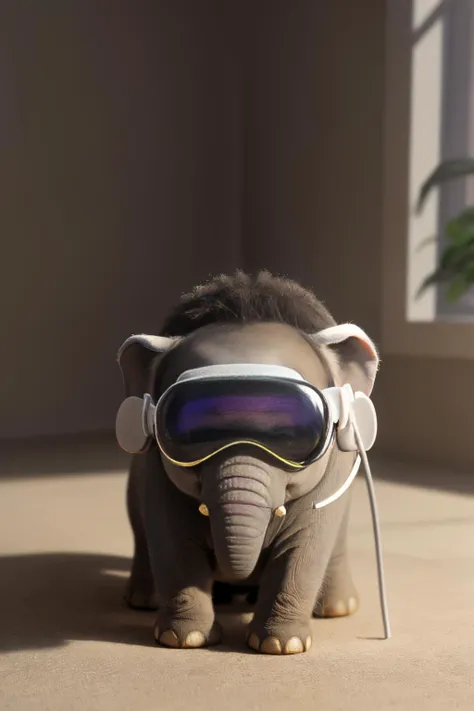 a cute baby Elephant weraing apple vision pro  <lora:APPLEVR_LORA:1> , photography, detailed skin, realistic, photo-realistic, 8k, highly detailed, full length frame, High detail RAW color art, piercing, diffused soft lighting, shallow depth of field, sharp focus, hyperrealism, cinematic lighting