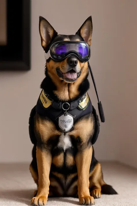 photography, detailed skin, realistic, photo-realistic, 8k, highly detailed, full length frame, High detail RAW color art, piercing, diffused soft lighting, shallow depth of field, sharp focus, hyperrealism, cinematic lighting   a cute k9 dog weraing apple vision pro  <lora:APPLEVR_LORA:1>