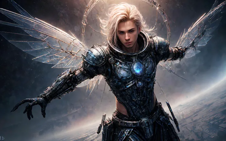 masterpiece, epic, majestic, best quality, very high resolution, 8k, hdr, digital photography, dynamic pose, esthetic 24 years old (male Deg XitÊ¼an:1.2) spellsword, ruby eyes, (platinum blonde hair, thin beard:1.1), looking at camera with a languid expression, (style-swirlmagic:0.8), solo, half shot, looking at viewer, detailed background, detailed face, (<lora:GlassTech-20:0.6>, glasstech, glass theme:1.1), tech-wizard, technomancer, [magic|technology], union of witchcraft and engineering, [spellcasting robes|engineering gear], mechanical tattoos, gadgets, ancient crystals, mechanical wings, [gears|ancient runes], floating particles, electric energy ley lines, [scientific|enchanting] aura, space station in background, dramatic lighting,, (iridescent:0.7), (transparent:0.8), (translucid:0.8), (reflection:0.6), (refraction:0.3), (diffraction:0.3), (caustics:0.3), volumetric lights, volumetric shadows, (subsurface scatering:0.4), physically based rendering, (intricate details:1.3), hyperdetailed, ultrarealistic, (sharp focus:1.2) <lora:hyperdenoiser_v090:1.8> <lora:add_detail:1.5>