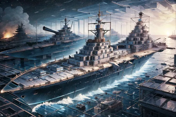 battle, bridge, building, burning, city, city_lights, cityscape, damaged, destruction, dirty, explosion, fire, firing, flame, helicopter, laser, mecha, military_vehicle, motor_vehicle, realistic, ruins, science_fiction, ship, skyscraper, smoke, space, space_craft, sparks, sun, sunset, war, warship, watercraft, <lora:GlassTech-17:1>,glasstech