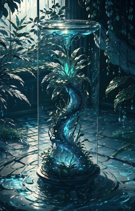 masterpiece of glass sculpture with plants inside, water, glowing, fantasy, high quality, high detail, best quality, rtx, 4k, 8k, GlassTech, <lora:GlassTech-20:1>