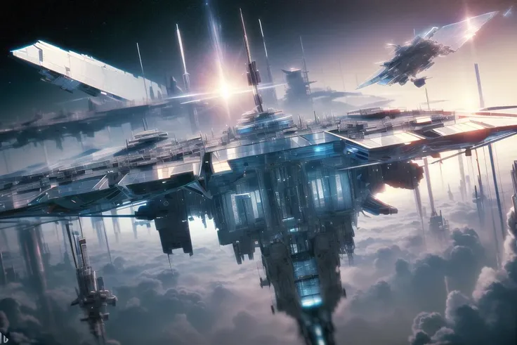 (masterpiece:1.2),battle, space_craft, sparks, sun, sunset, <lora:GlassTech-20:1.2>,glasstech,scifi,
