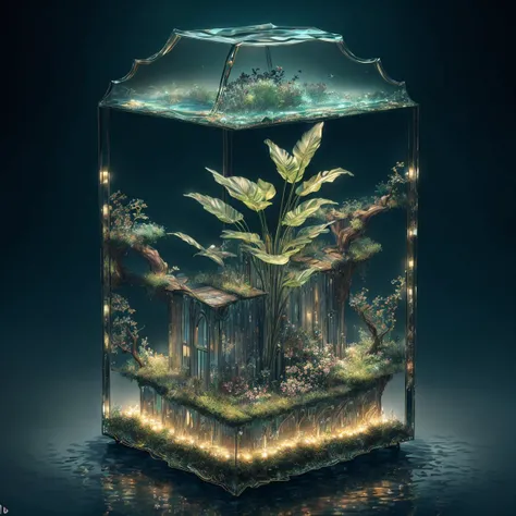 masterpiece of glass sculpture with plants inside, water, glowing, high quality, high detail, best quality, rtx, 4k, 8k, <lora:GlassTech-20:1>