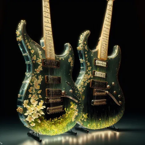 masterpiece of glass guitar with plants inside, water, glowing, flowers, high quality, high detail, best quality, rtx, 4k, 8k, <lora:GlassTech-20:1>,