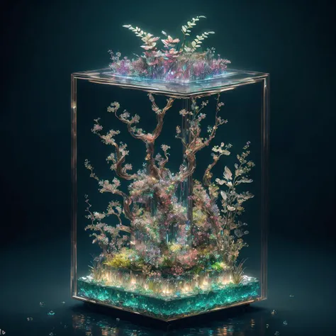 masterpiece of glass sculpture with plants inside, water, glowing, crystals, high quality, high detail, best quality, rtx, 4k, 8k, <lora:GlassTech-20:1>