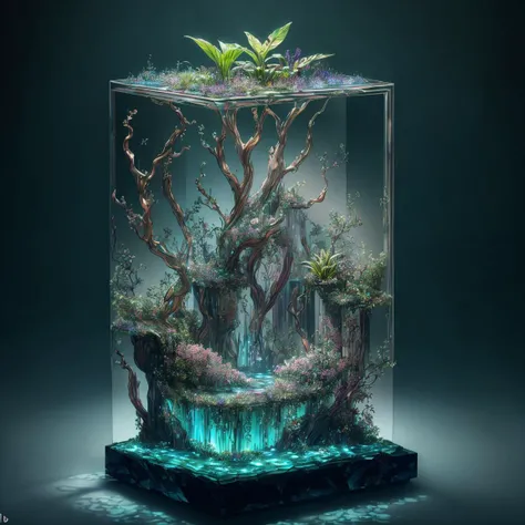masterpiece of glass sculpture with plants inside, water, glowing, fantasy, high quality, high detail, best quality, rtx, 4k, 8k, <lora:GlassTech-20:1>