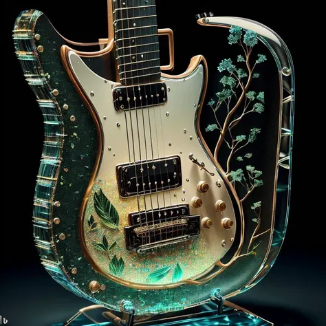 masterpiece of glass guitar with plants inside, water, glowing, crystals, high quality, high detail, best quality, rtx, 4k, 8k, <lora:GlassTech-20:1>,
