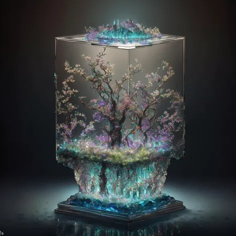 masterpiece of glass sculpture with plants inside, water, glowing, crystals, high quality, high detail, best quality, rtx, 4k, 8k, <lora:GlassTech-20:1>