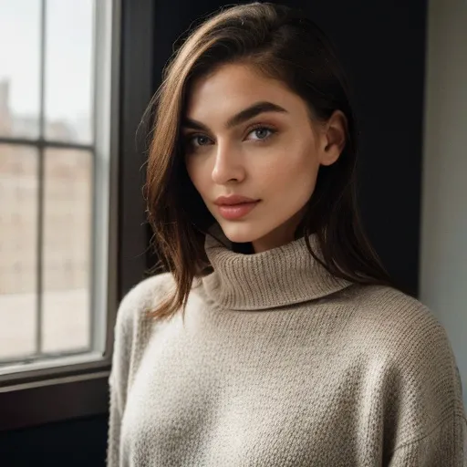 <lora:emjayrinaudo_sd15_512_128_64_v1:1> 1girl solo looking at viewer wearing a turtleneck sweater epiCRealism