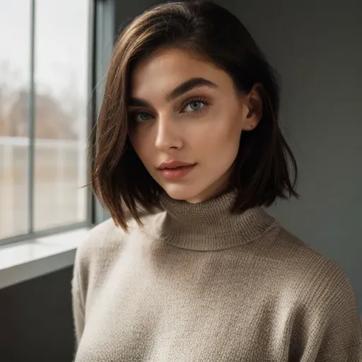 <lora:emjayrinaudo_sd15_512_128_64_v1:1> 1girl solo looking at viewer wearing a turtleneck sweater epiCRealism