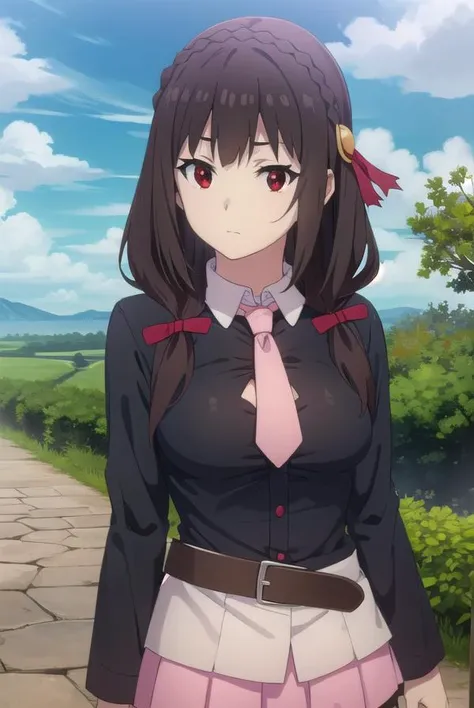konosubayunyun, <lora:konosuba yunyun movie-lora-nochekaiser:1>,
yunyun, long hair, brown hair, hair ornament, (red eyes:1.3), bow, ribbon, twintails, braid, hair bow,
BREAK skirt, long sleeves, necktie, belt, clothing cutout, cleavage cutout, pink skirt, pink necktie,
BREAK outdoor, forest, nature, trees, village, sky, sun, clouds,
BREAK looking at viewer, (cowboy shot:1.5),
BREAK <lyco:GoodHands-beta2:1>, (masterpiece:1.2), best quality, high resolution, unity 8k wallpaper, (illustration:0.8), (beautiful detailed eyes:1.6), extremely detailed face, perfect lighting, extremely detailed CG, (perfect hands, perfect anatomy),