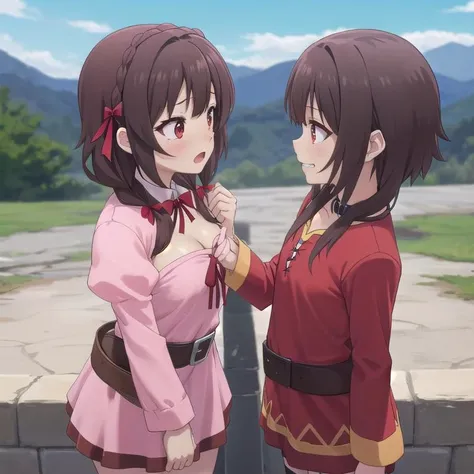 masterpiece, best quality,2girls,ultra detail,outdoor,from side
AND yunyun, long hair, brown hair, hair ornament, (red eyes:1.3), bow, ribbon, twintails, braid, hair bow, <lora:konosuba yunyun movie-lora-nochekaiser:0.7>,blush,cleavage,black skirt, long sleeves, belt, cleavage cutout, pink skirt, puffy sleeves,shy,wavy open mouth,tears,looking each other,outdoor,stand facing each other,side view
AND megumin,evil smile,looking each other,mantle,outdoor <lora:megumin_v2:0.7>stand facing each other,petite,side view