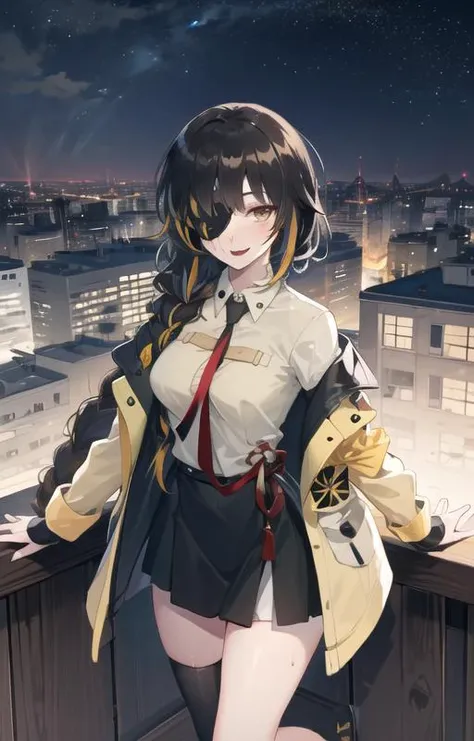(SFW), masterpiece, best quality, highres 64k, professional artwork, famous artwork, clean, cinematic lighting, beautiful eyes + detail, beautiful hair + detail, multicoloured hair, (sexy young female body:1.4), ( medium breasts, lactation), happy:1.2, smile, sexy looking at the viewer, floating hair, (M16GFL), makeup, eyepatch, brown hair, brown eyes, armband, jacket, Khaki shirt, black short dress, long sleeves, black and red tie, legs wear,
outdoors, at night, on the roof, skyline, (in love), <lora:M16GFL:1>