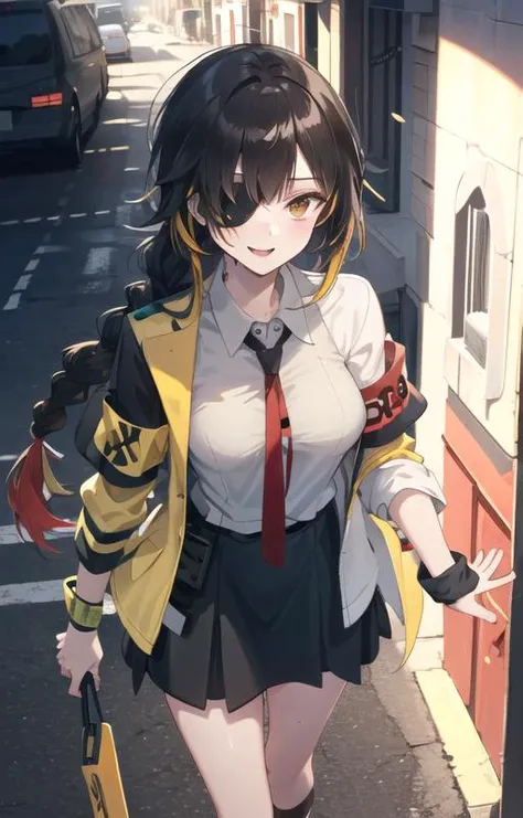 (SFW), masterpiece, best quality, highres 64k, professional artwork, famous artwork, clean, cinematic lighting, beautiful eyes + detail, beautiful hair + detail, multicoloured hair, (sexy young female body:1.4), ( medium breasts, lactation), happy:1.2, smile, sexy looking at the viewer, floating hair, (M16GFL), makeup, eyepatch, brown hair, long braid, brown eyes, armband, jacket, Khaki short shirt, black short dress, long sleeves, black and red tie, legs wear,
outdoors, at night, walking, street, (in love), <lora:M16GFL:0.77>, from above,
