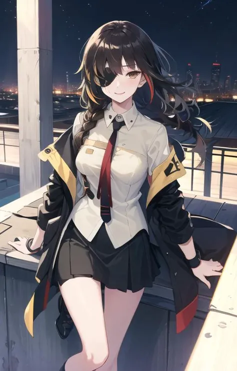 (SFW), masterpiece, best quality, highres 64k, professional artwork, famous artwork, clean, cinematic lighting, beautiful eyes + detail, beautiful hair + detail, multicoloured hair, (sexy young female body:1.4), ( medium breasts, lactation), happy:1.2, smile, sexy looking at the viewer, floating hair, (M16GFL), makeup, eyepatch, brown hair,  brown eyes, armband, jacket, Khaki shirt, black short dress, long sleeves, black and red tie, legs wear, 
outdoors, at night, on the roof, skyline, (in love),  <lora:M16GFL:0.8>
