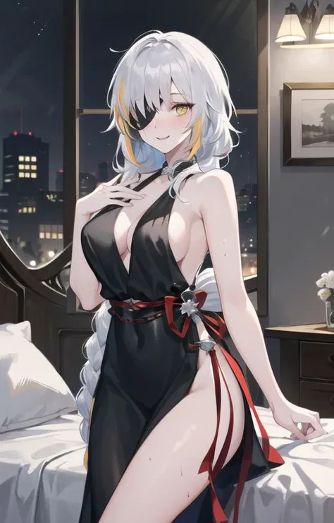 (SFW), masterpiece, best quality, highres 64k, professional artwork, famous artwork, clean, cinematic lighting, beautiful eyes + detail, beautiful hair + detail, multicoloured hair, (sexy young female body:1.4), ( large breasts, lactation), happy:1.2, smile, sexy looking at the viewer, floating hair, (M16GFLDress), makeup, eyepatch, white hair, one long braid,  yellow eyes, ((black white dress)), 
indoors, at night, bedroom, (in love),  <lora:M16GFL:0.77>, cowboy shot,  <lyco:GoodHands-beta2:0.6> [nipples show through,]