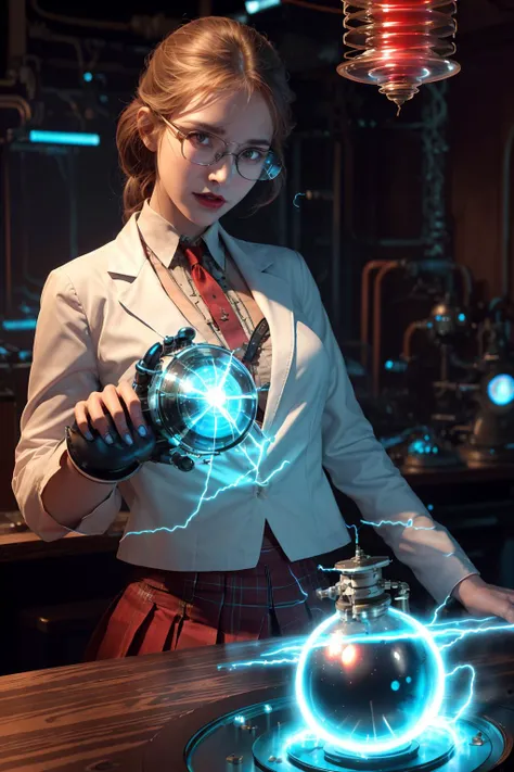 Photo of a female scientist sitting in a dark TeslaPunkAI laboratory, sexy woman wearing a white lab coat, skinny, wild woman, pleated skirt, glasses, evil, (photorealistic, raw, extremely intricate:1.3), (best shadow:1.1), (big valve device:1.2), (lightning bolts:1.2), (glass sphere:1.2), blue and red, (red lips:1.1), jean top, wood desk, glass tubes <lora:TeslaPunkAInew:0.7>
