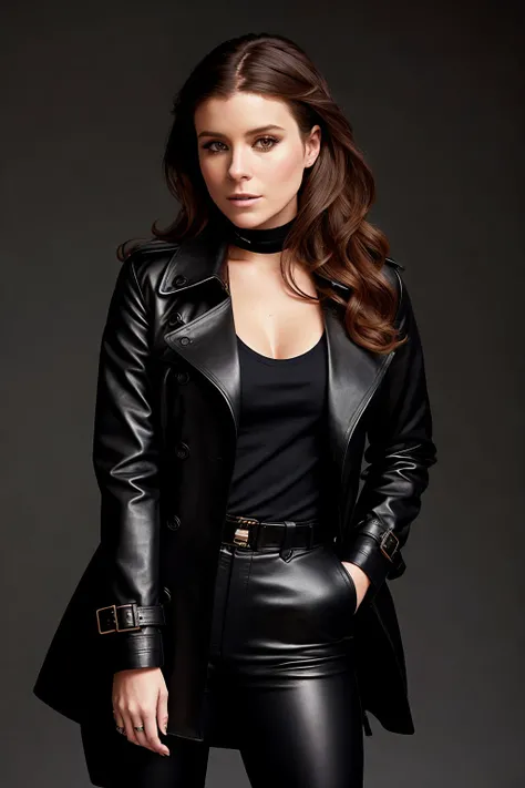 analog style, modelshoot style, portrait of (k4tem4r4:0.99) wearing long black trench coat, skull-print t-shirt, leather pants, and lace-up boots, bold, bright colours,<lora:epiNoiseoffset_v2Pynoise:1.0>