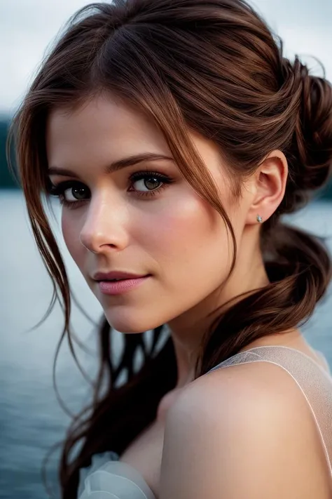 photo of beautiful (kat3mara-135:0.99), a woman in a (frozen lakeside:1.1), perfect hair, hair upsweep updo, wearing (organza:1.2), modelshoot style, (extremely detailed CG unity 8k wallpaper), professional majestic (photography by  helmut newton:1.1), (Sony a7R IV Mirrorless Camera), 24mm, exposure blend, hdr, faded, extremely intricate, High Detail, Sharp focus, dramatic, soft cinematic light, (looking at viewer), (detailed pupils), cute smile, 24mm, 4k textures, soft cinematic light, adobe lightroom, photolab, elegant, ((((cinematic look)))), soothing tones, insane details, hyperdetailed, low contrast, (from the waist up:1.1)