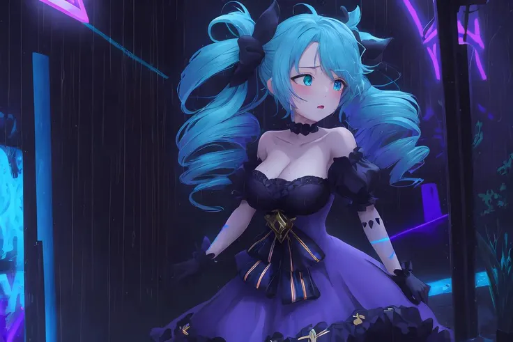 (anime, tone mapped:1.2), waifu, high quality, highres, absurdres,
(symmetric), (exceptional, best aesthetic, new, newest, best quality, masterpiece, extremely detailed:1.2)
BlueGwen, <lora:GwenV1-000002:0.6> blue hair,
1girl, bangs, black bow, black dress, black gloves, black sleeves, blush, bow, breasts, cleavage, collarbone, detached sleeves, dress, drill hair, frilled dress, frills, gloves, green eyes, grey dress, hair bow, , large breasts, long hair, puffy short sleeves, puffy sleeves, short sleeves, solo, twin drills, twintails
cowboy shot, leaning back, , (dark alley), outdoors, outside, city, dark atmosphere, shadow, ambient lightning, wet clothes,
lightning, (rain), wet, (thunder), cloud, <lora:Blacklight_v1:1.3> (blacklight:1.5), glowing wind