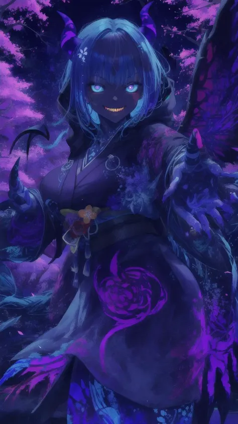 ((perfect female figure)),(masterpiece, best quality, beautiful detailed eyes, ultra-detailed, intricate details,beautiful detailed face,perfect_face,perfect_hand),((solo)),absurdly long hair, cowboy shot,
,1 girl ,large breasts, big hood,peaceful, colorful, red hair, cherry blossoms, hanami, cherry tree, plum blossoms, multicolored kimono, sfw,demon horns, demon tail, demon wings,
,((incoming attack)),evil grin,
,blue glowing hair ,blacklight,neon lights, rgb lights,<lora:uv:3> <lora:add_detail:0.5> ,blacklight tattoo,glowing nails, glowing eyes,
very long hair,
hair bikini,
stream,