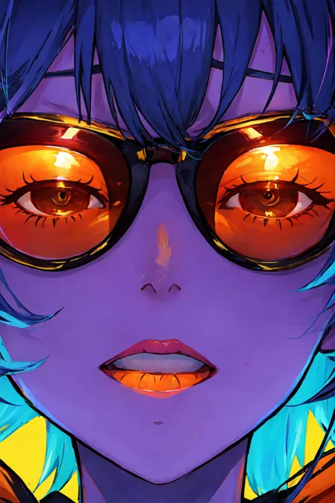 blacklight, orange sunglasses, close-up face,