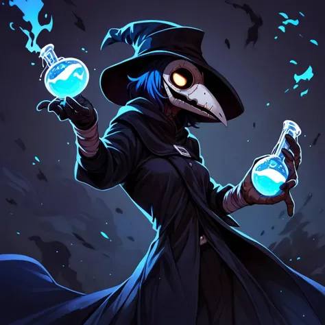 score_9, score_8_up, score_7_up, blacklight, plague doctor, (plague doctor mask:1.2), dynamic pose, movement lines, (holding glowing potion:1.3), trails, solo, hat, glowing, colorful smoke <lora:last:0.7>, PonyXLV6_Scores