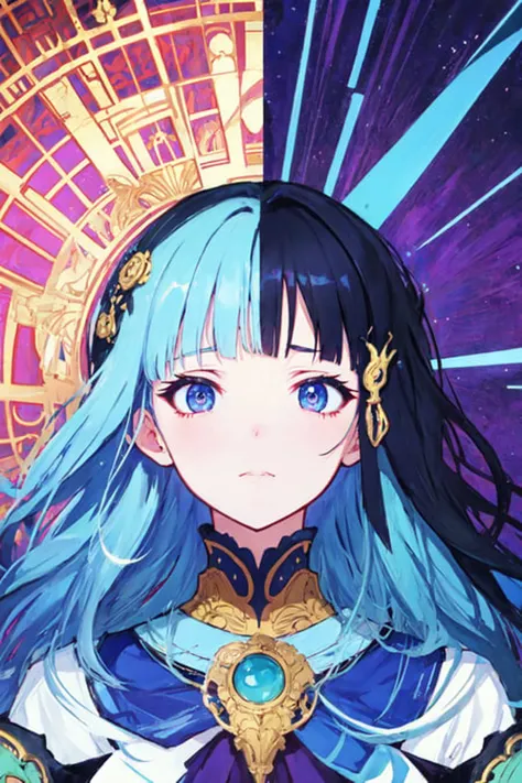 blacklight, ilya kuvshinov, anime art, portrait, kyoto animation, last exile, blue submarine no. 6, loish, murata range, kawaii, yoshitaka amano, studio lighting, manga, bright colors, beautiful, 35mm lens, alphonse mucha, vibrant high contrast, gradation, jean giraud, moebius, fantasy, rule of thirds, fibonacci, intricate, cel shaded, <lora:Blacklight_v1:1.2>