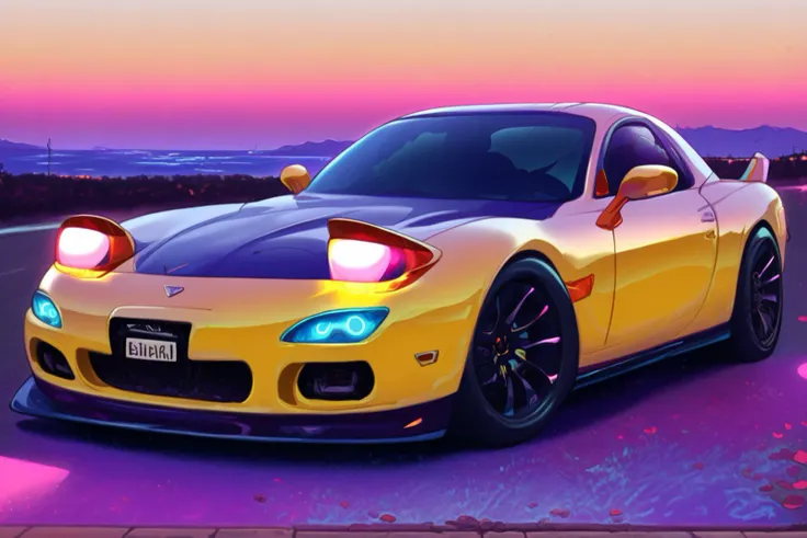 score_9, score_8_up, score_7_up, score_6_up, best quality, masterpiece, official art, illustration, realistic, bold lines
a yellow sports car parked in a parking lot, skyline showing, yellows and black, facing front, close-up, ultra wide horizon, lit in a dawn light, low key, dark, dramatic night, neon, reflections, aesthetic, outstanding image, synthwave, cyberpunk, detailed, intricate
<lora:IPXL_v8:0.8> inkpunk, inkpunk style, color, <lora:xl_more_art-full_v1:0.6> <lora:Blacklight_XL:0.8> blacklight <lora:Xenotrip_v.2:0.6> xenotr1p, colored <lora:add-detail-xl:0.25> <lora:D4rC0mXLP:0.5> D4rC0m