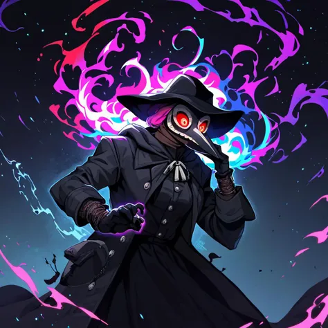 score_9, score_8_up, score_7_up, source_anime, rating_safe, blacklight, plague doctor, (plague doctor mask:1.2), dynamic pose, movement lines, glowing potions,trails, solo, hat, glowing, colorful smoke<lora:last:0.7>, PonyXLV6_Scores