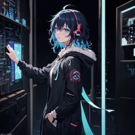 [((black background))::7], blacklight,  (((cowboy shot))), blue eyes, navy blue hair, wavy hair, ((Neon-light-effect)), (Light caustics effect), planet, science fiction, solo, <lora:Blacklight_v1:1>, masterpiece, best quality, ultra detailed, highres, super fine illustration, 8k, anime screencap, gradient, ((dark thema)), from_side,