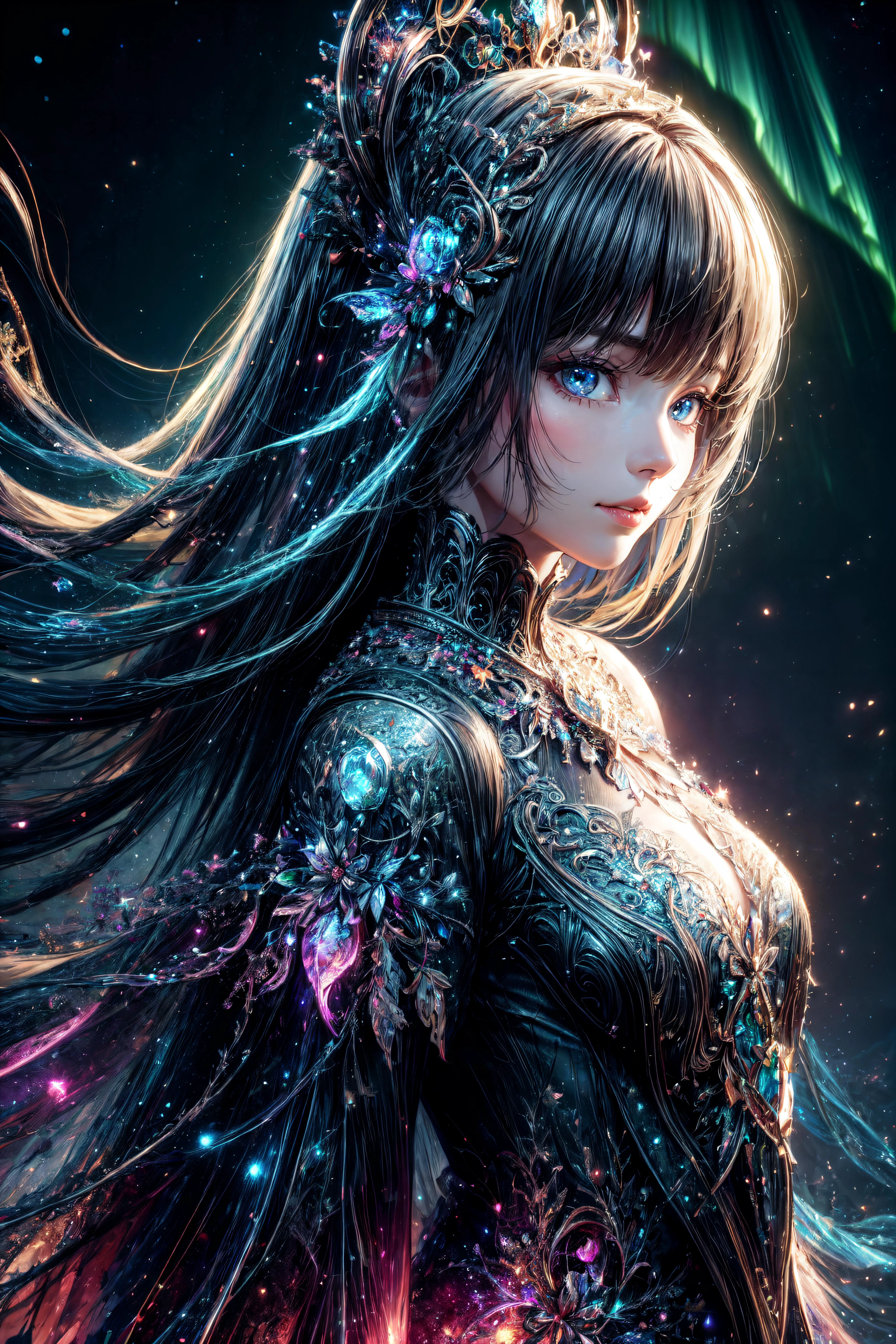 highly detailed, ultra-realistic, masterpiece, high quality, best quality, 1girl, fantasy, aurorastyle, standing, northern pole, stars, at night, intricate details, clear sky, dynamic composition, dynamic angle, detailed eyes, light smile, looking at viewer, perfect face, blacklight, digital painting excellence, vibrant colors, colorful, abstract hues, detailed background, cinematic composition, 8k, uhd, <lora:aurora-style-richy-v1:0.7> <lora:blacklight:0.7> <lora:Gloss_Tweaker_V2:1.0> <lora:more_details:1.4>
