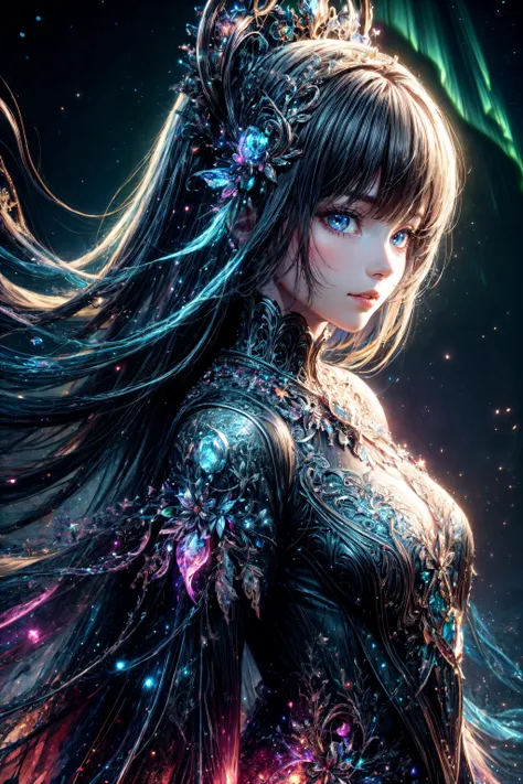 highly detailed, ultra-realistic, masterpiece, high quality, best quality, 1girl, fantasy, aurorastyle, standing, northern pole, stars, at night, intricate details, clear sky, dynamic composition, dynamic angle, detailed eyes, light smile, looking at viewer, perfect face, blacklight, digital painting excellence, vibrant colors, colorful, abstract hues, detailed background, cinematic composition, 8k, uhd, <lora:aurora-style-richy-v1:0.7> <lora:blacklight:0.7> <lora:Gloss_Tweaker_V2:1.0>  <lora:more_details:1.4>