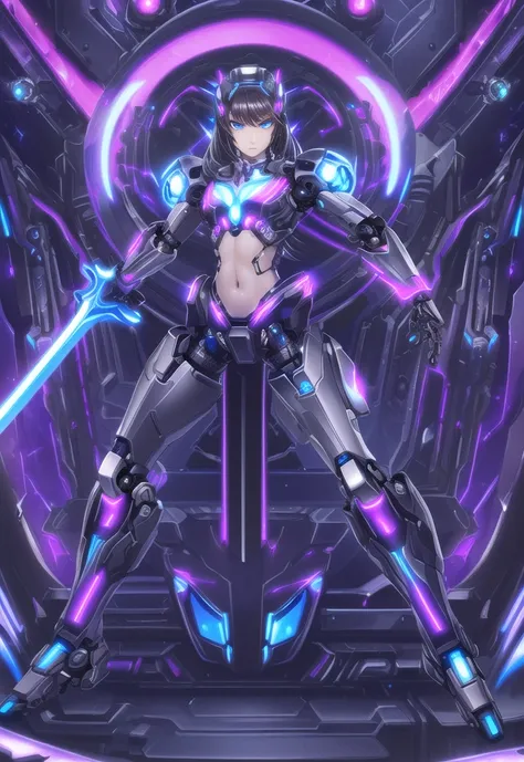 ((best quality)), ((highly detailed)), masterpiece, ((official art)), detailed face, beautiful face, (detailed eyes, deep eyes), (1girl:1.33, solo), full body, ((cyborg)), cybernetics, robot limbs, (steel_(material)), navel, lights, LEDs, doll-like joints, small breasts,holding a sword, <lora:Blacklight_v1:.5>, blacklight, (neon body:1.3)