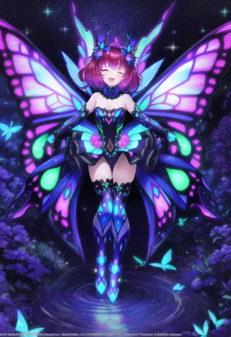 ((best quality)), ((highly detailed)), masterpiece, ((official art)), detailed face, beautiful face, (detailed eyes, deep eyes), (1girl:1.33, solo), full body, (((fairy))), ((miniature)), multiple wings, butterfly wings, ((glowing wings)), symmetrical wings, intricate wing pattern, transparent wings, large breasts, cleavage, thin waist, short hair, red hair, (((flying))), in the air, leotard, cameltoe, strapless, sleeveless, glitter, miniskirt, oversized plants, giant mushrooms, :D, (one eye closed), <lora:Blacklight_v1:1.8>, blacklight, (neon body:1.3)
