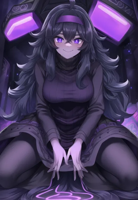 ((best quality)), ((highly detailed)), masterpiece, ((official art)), detailed face, beautiful face, (detailed eyes, deep eyes), (1girl:1.33, solo), full body, <lora:hexManiacPokemonLora_1:1>, hexmaniacms, ((@.@)), bags under eyes, ahoge, headband, dark purple hair, pale skin, small breasts, long sleeved turtleneck sweater dress, bottomless, purple clothes, <lora:Blacklight_v1:1.6>, blacklight, (neon body:1.3)