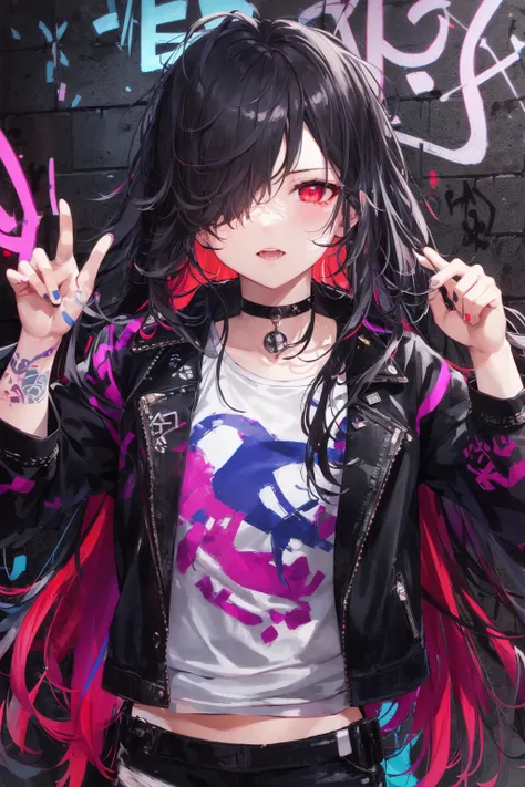 best quality, intricate details, chromatic aberration, 

1girl, long hair, black hair, messy hair, red highlights, hair over one eye, red eyes, sharp eyes, 

choker, neon shirt, torn legwear, open jacket, 

against wall, brick wall, graffiti, glowing grafiti, glowing tattoos, glow, neon lights, 


blacklight,  <lora:Blacklight_v1:1>