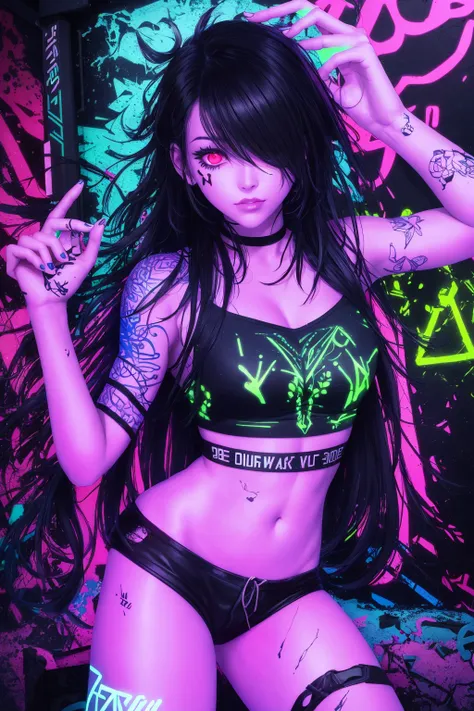 best quality, intricate details, chromatic aberration, 

1girl, long hair, black hair, messy hair, red highlights, hair over one eye, red eyes, sharp eyes, 

choker, neon shirt, torn legwear, open jacket, 

against wall, brick wall, graffiti, (glowing graffiti:1.2), (glowing tattoos1.1), glow, neon lights, 


(blacklight:1.4),  <lora:Blacklight_v1:1.3> <lora:sciamano240StyleLora_1:0.4>