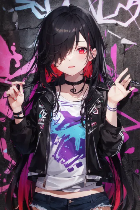 best quality, intricate details, chromatic aberration,
1girl, long hair, black hair, messy hair, red highlights, hair over one eye, red eyes, sharp eyes,
choker, neon shirt, torn legwear, open jacket,
against wall, brick wall, graffiti, glowing grafiti, glowing tattoos, glow, neon lights,
blacklight, <lora:Blacklight_v1:1>