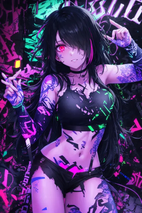 best quality, intricate details, chromatic aberration, 

1girl, long hair, black hair, messy hair, red highlights, hair over one eye, red eyes, sharp eyes, 

choker, neon shirt, torn legwear, open jacket, 

against wall, brick wall, graffiti, (glowing graffiti:1.2), (glowing tattoos1.1), glow, neon lights, 


(blacklight:1.4),  <lora:Blacklight_v1:1.3> <lora:sciamano240StyleLora_1:0.4>