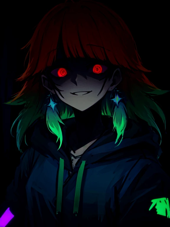 detailed background, masterpiece, best quality, smile, takanashi kiara, gradient hair, orange hair, green hair <[expression]>, hoodie, portrait, neon, graffiti, dark, night, glowing eyes, blacklight