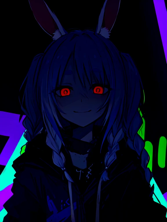 detailed background, masterpiece, best quality, smile, usada pekora, rabbit ears, white hair, twin braids, two-tone hair, blue hair, carrot hair ornament, orange eyes <[expression]>, hoodie, portrait, neon, graffiti, dark, night, glowing eyes, blacklight